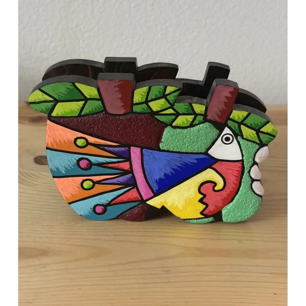 VTG Carved Wood Brightly Painted Tucan  & fruits Napkin Holder Bird Tropics Boho